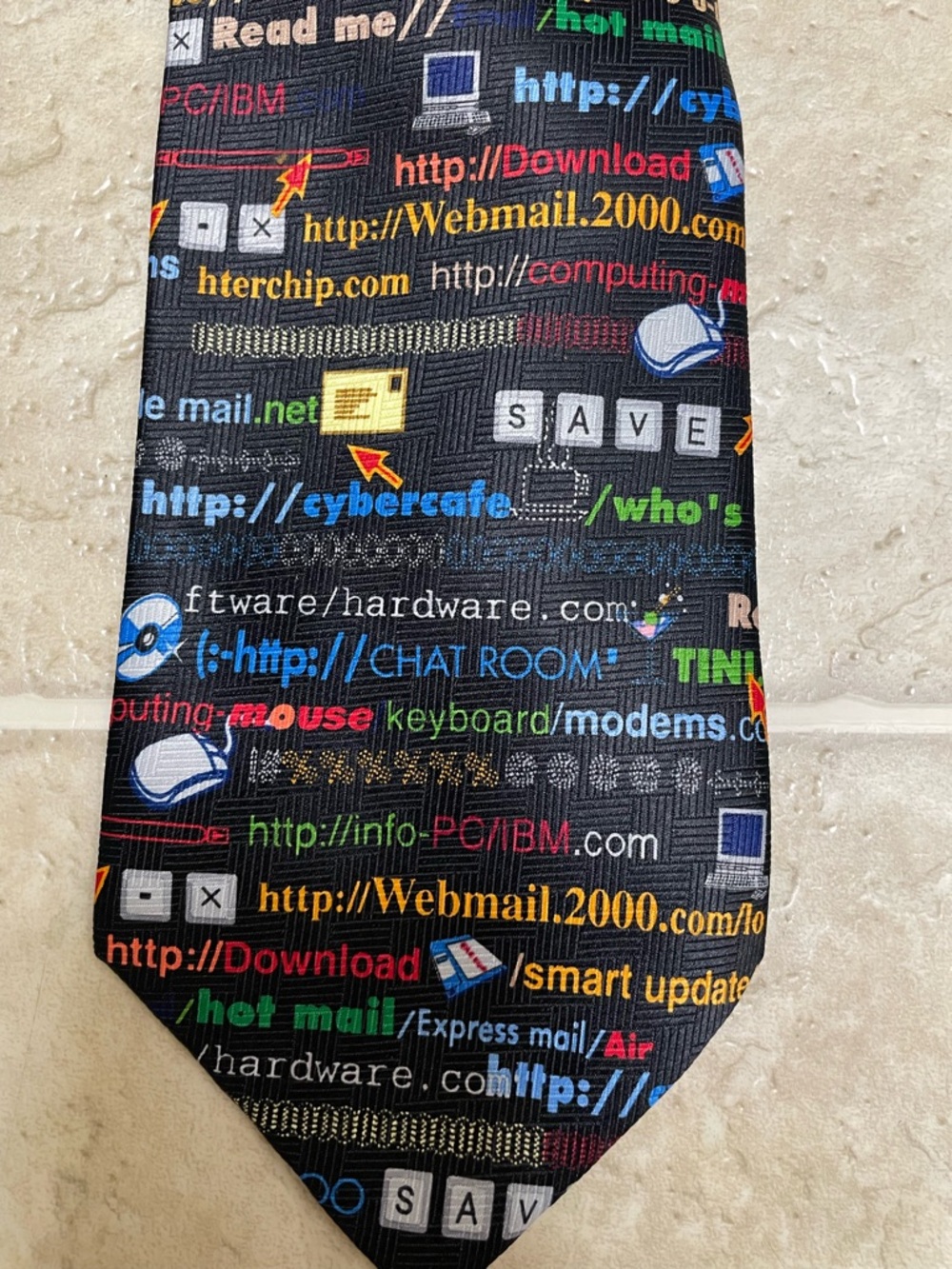 Addiction Black Silk Tie with Multicolor Tech Text and Icons